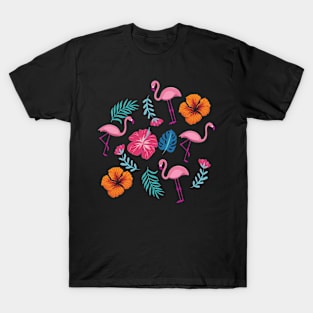 Pink Flamingo Hibiscus Tropical Flowers Pattern T-Shirt